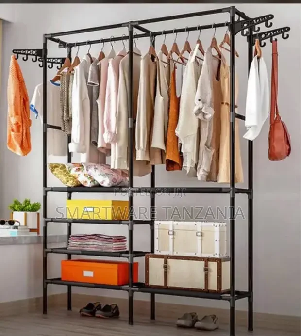 5-Tiers Metal Garment Clothes Rack With Shelves Freestanding