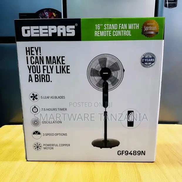 Geepas- 16 Stand Fan With Remote Control 3 Speed Control 5 Leaf Blade