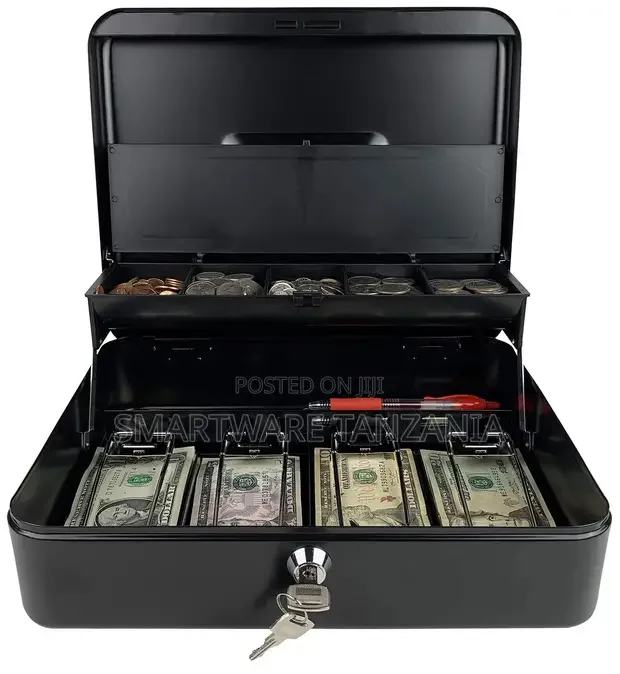 Heavy-Duty Gray Cash Box With Spring-Loaded Bill Clips Lock