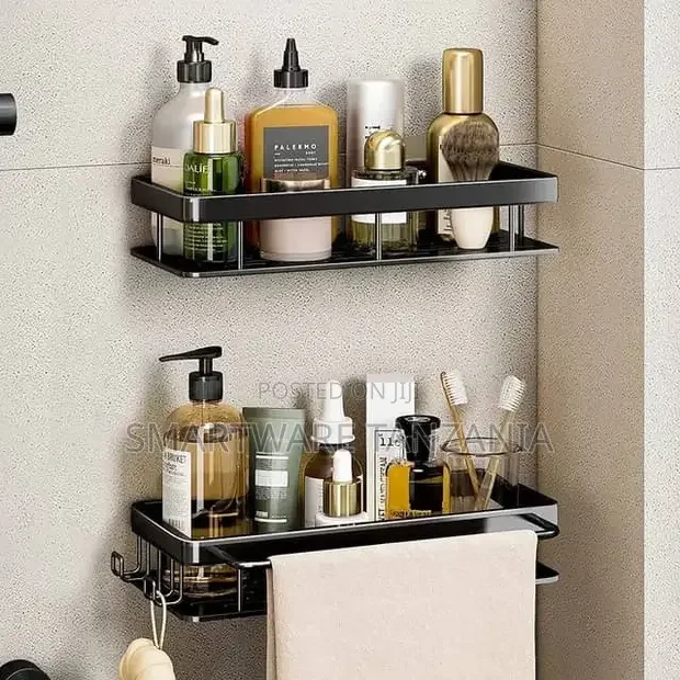 Organizer Rack Self Adhesive Black Bathroom Shelves Basket