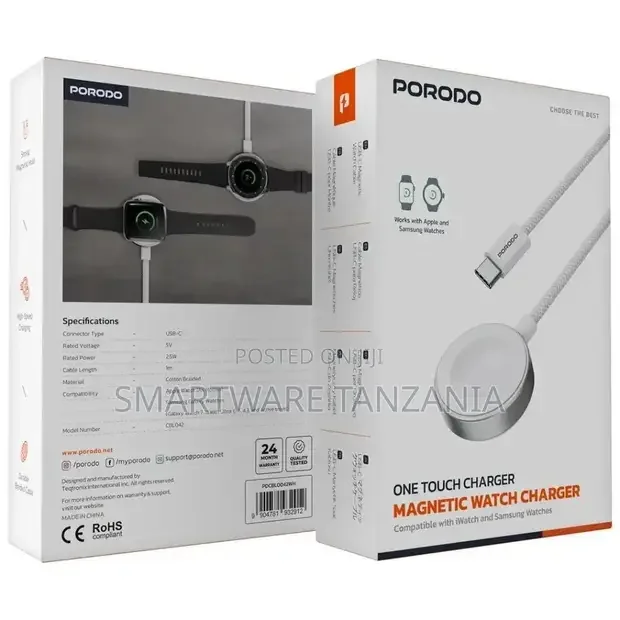 Porodo One Touch Charger Magnetic Watch Charger - White