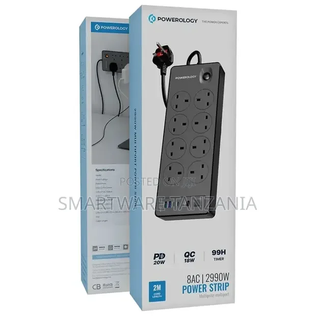 Powerology 8ac 2990w Power Strip Pd 20w - Black
